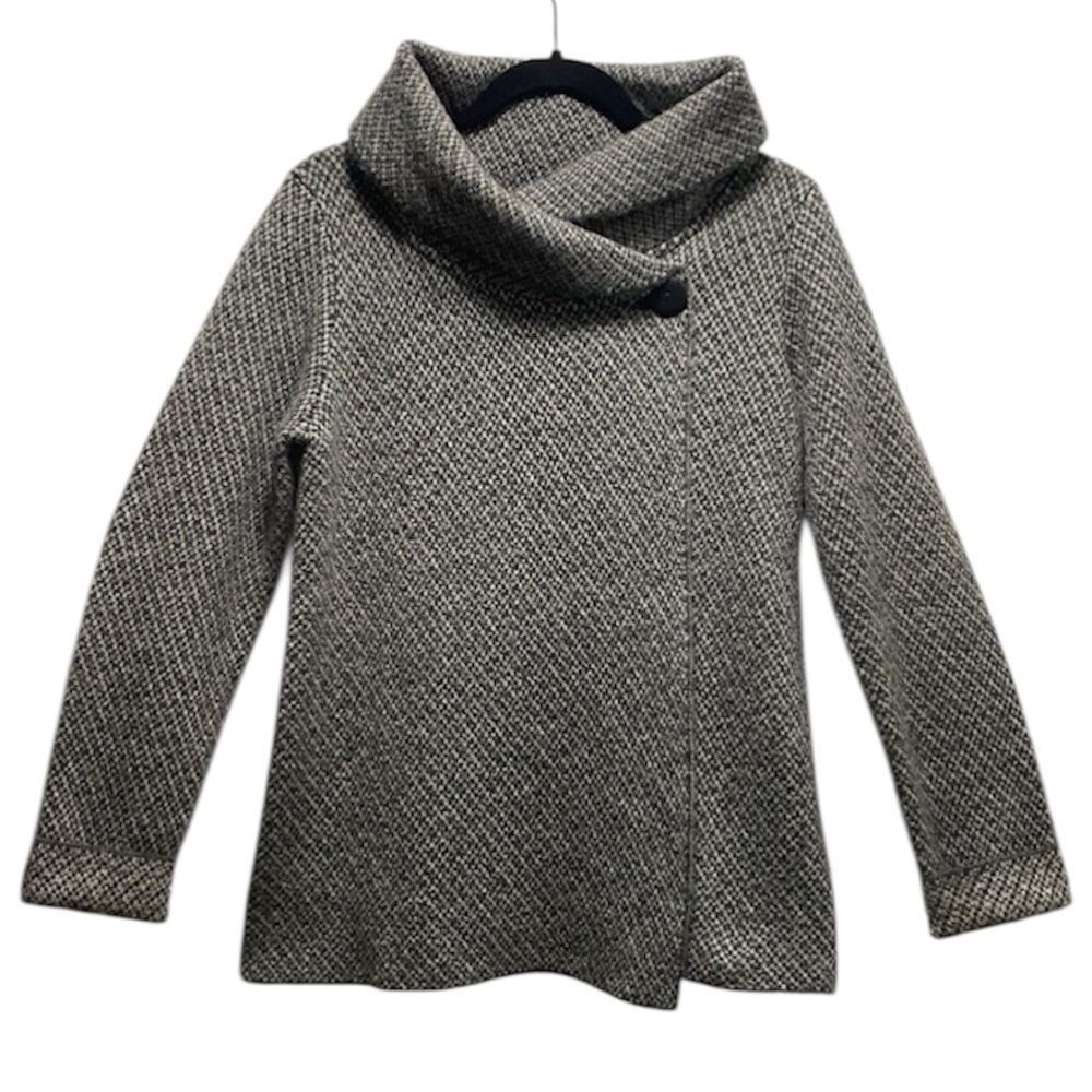 Max Studio Wrap Front Shawl Collar Lt & Dark Gray Wool Blend Tweed Sweater M EUC
